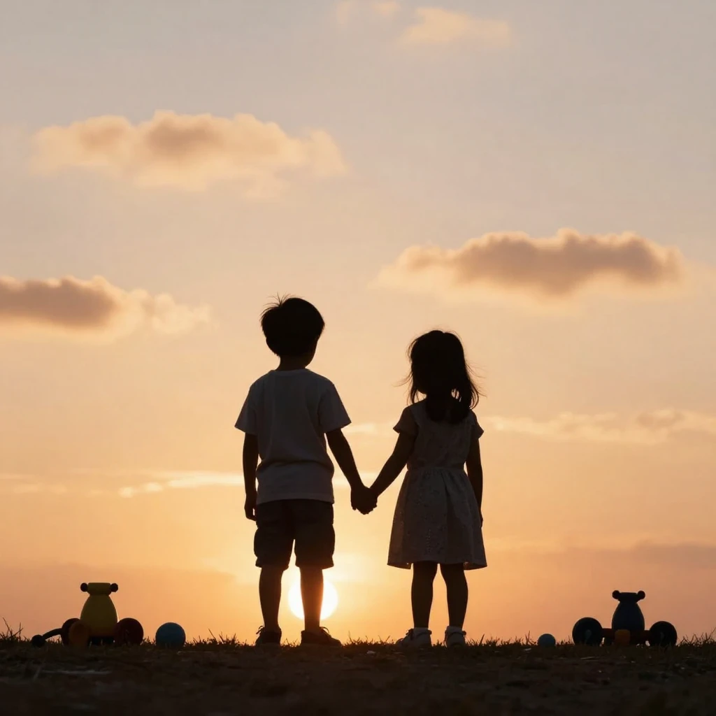 Two small silhouettes of children, a boy and a girl, holding...