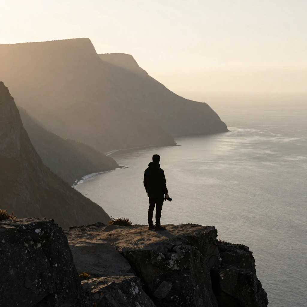 A lone silhouette of a person holding a camera, standing on ...
