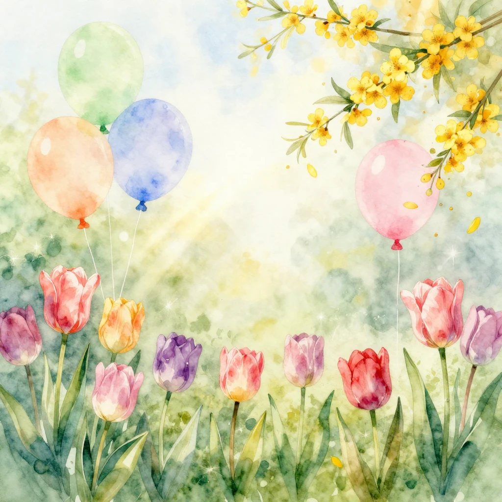 A watercolor painting depicting a bright and festive spring ...