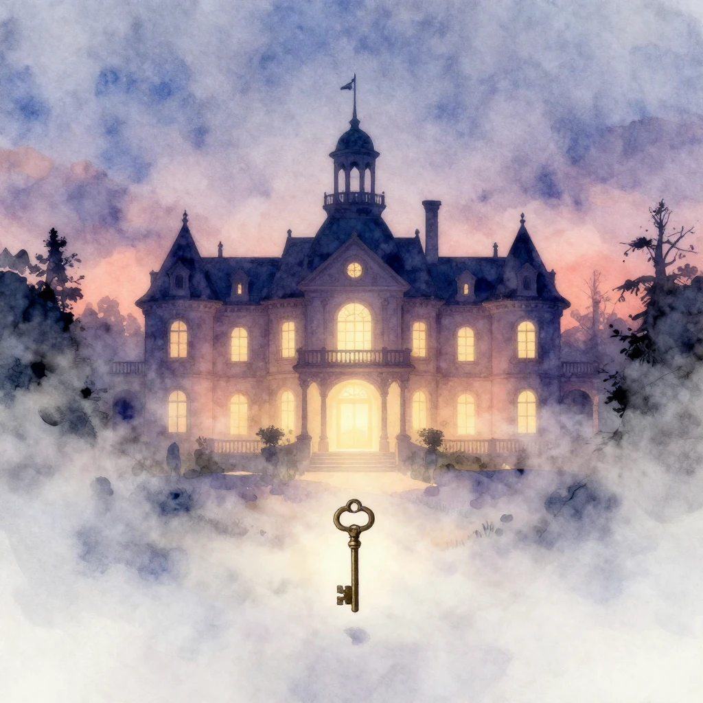 A grand mansion silhouette glowing softly in the twilight, s...