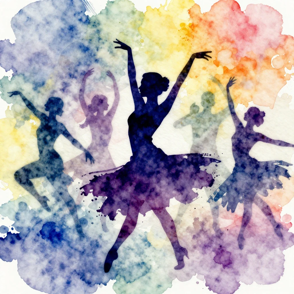 Vibrant watercolor style. Silhouettes of dancers in dynamic ...