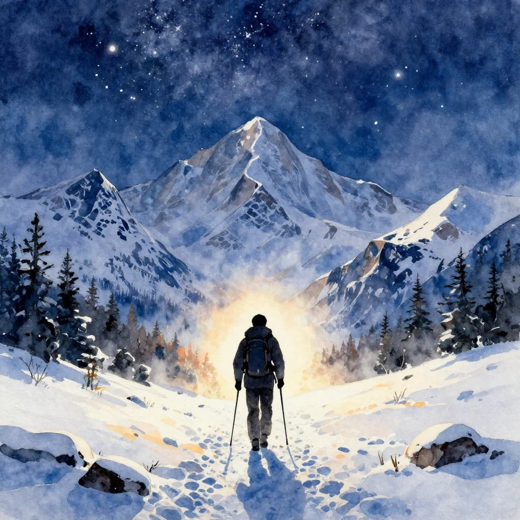 A vibrant watercolor painting of a lone hiker's silhouette a...