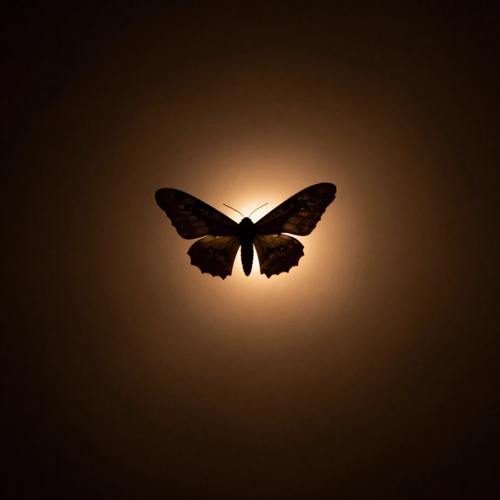 A lone moth silhouette, wings spread, gently flying towards ...