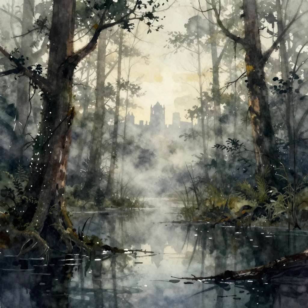 A desolate, misty swamp with ancient, gnarled trees, subtle ...