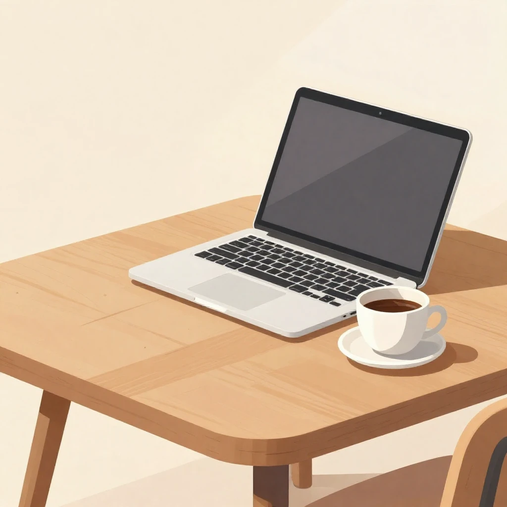 A stylized illustration of a wooden table with a laptop and ...