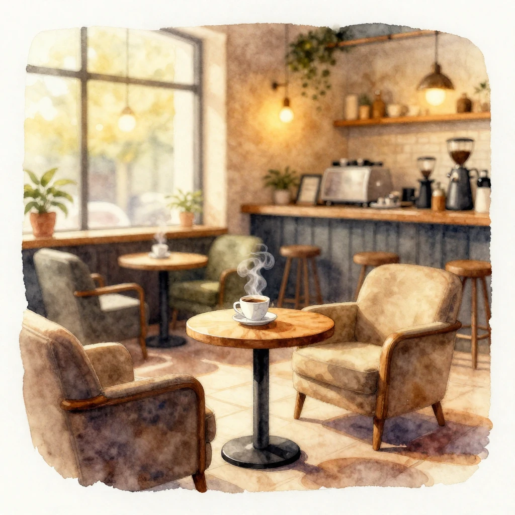 A watercolor painting of a cozy coffee shop interior, warm g...