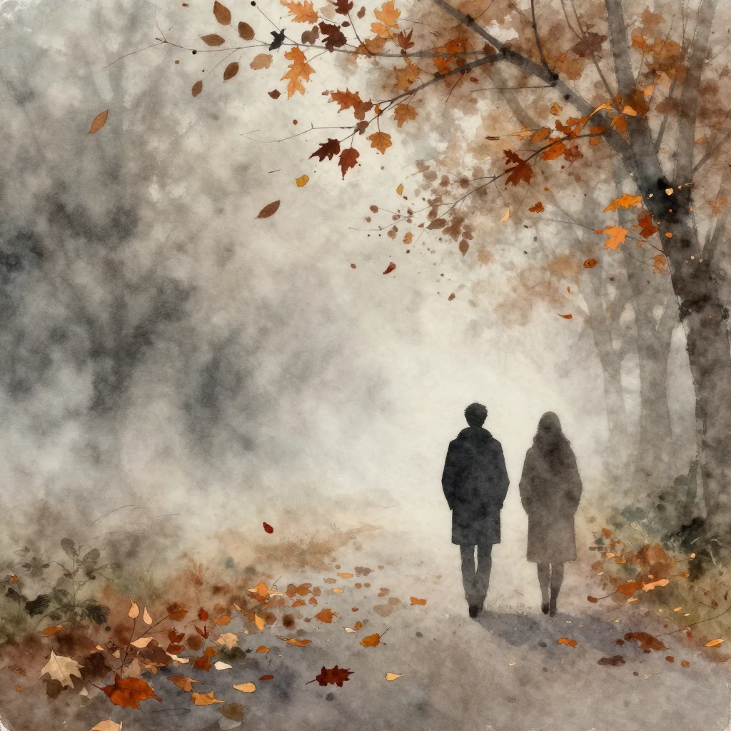 A melancholic autumn scene in watercolor style, with falling...