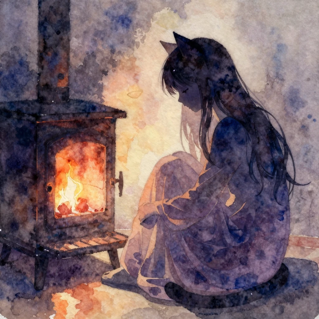 Vibrant watercolor painting of a lonely cat-girl silhouette,...