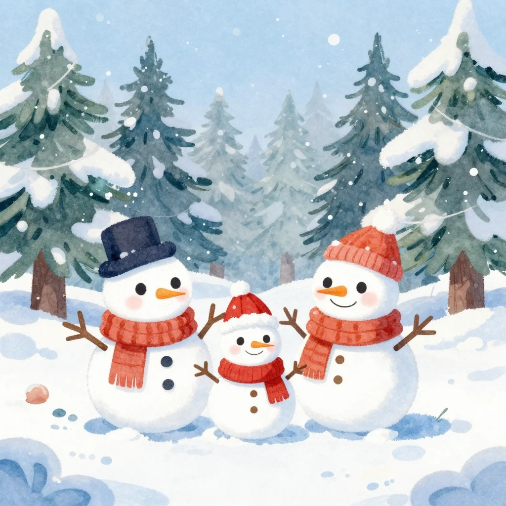 Watercolor style, cute cartoon illustration of a snowman fam...