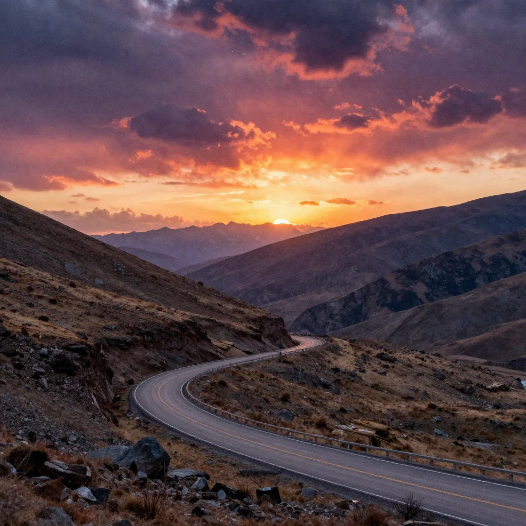 A winding mountain road stretching into the distance, surrou...