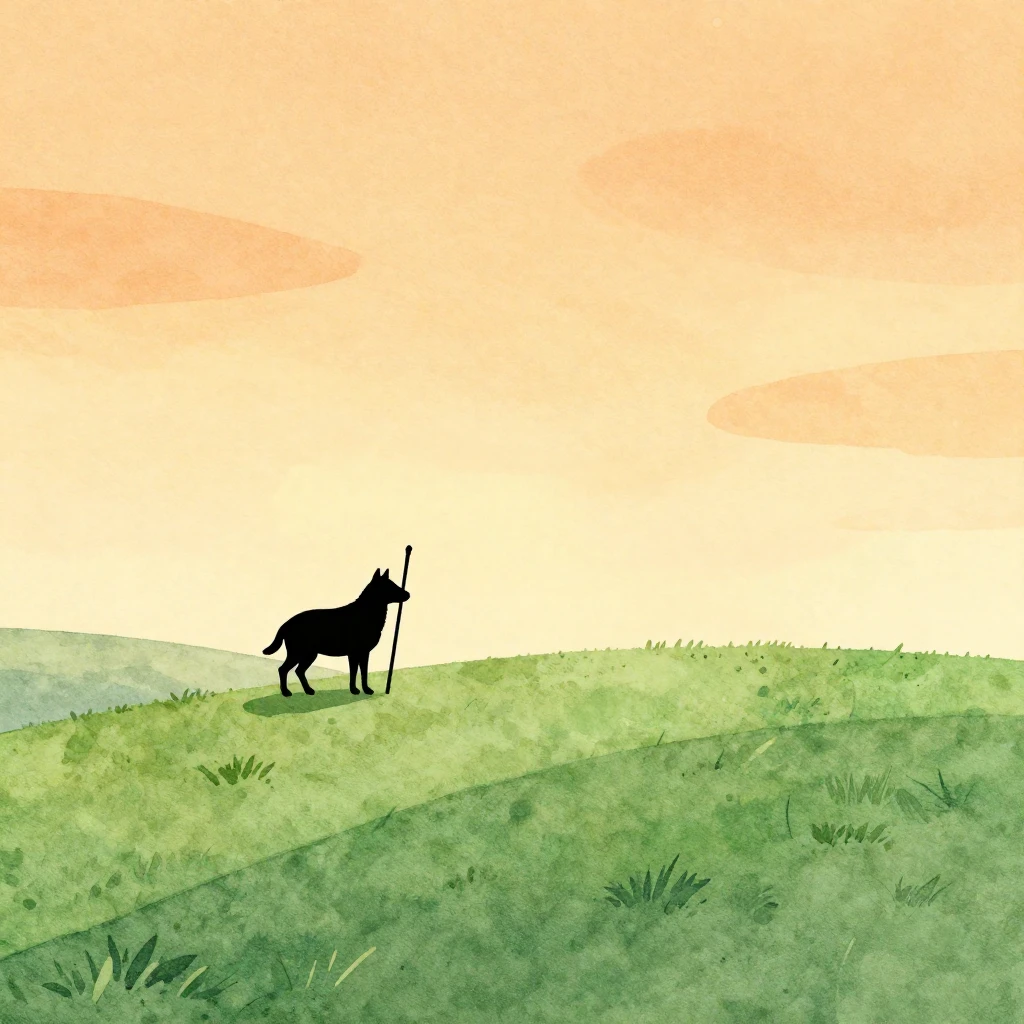 A minimalist watercolor silhouette of a shepherd with a staf...