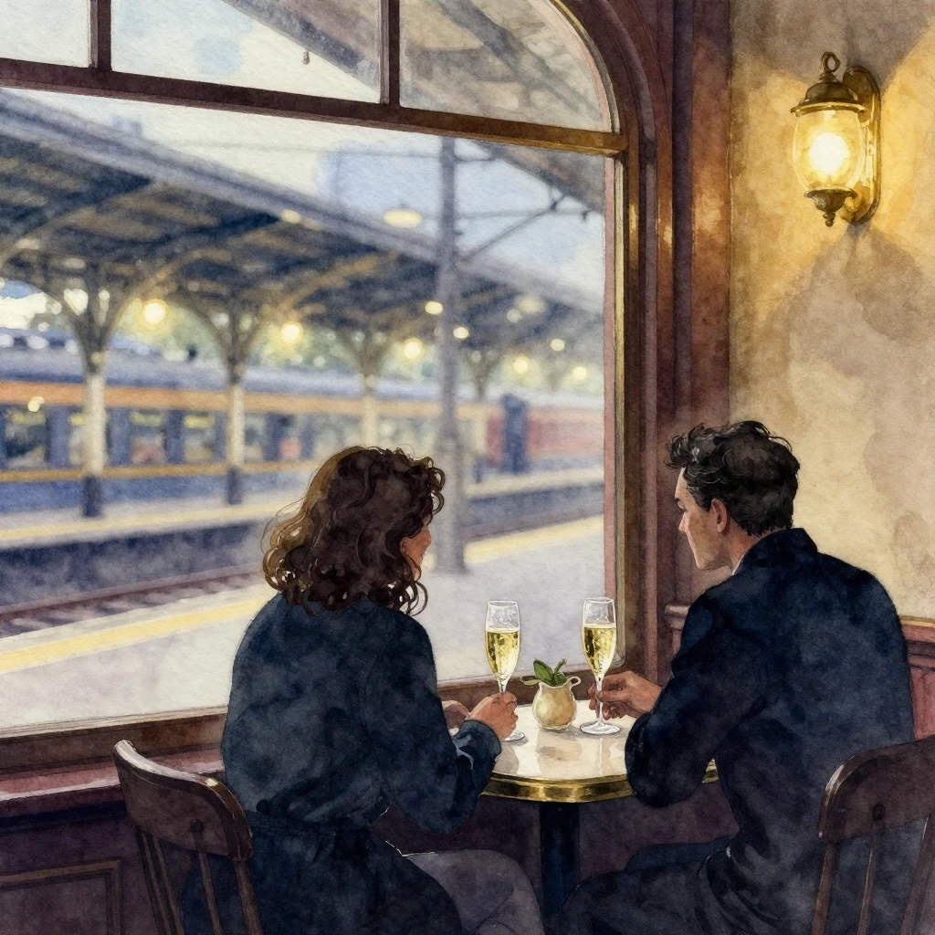 A watercolor painting of a vintage train station cafe. Two f...