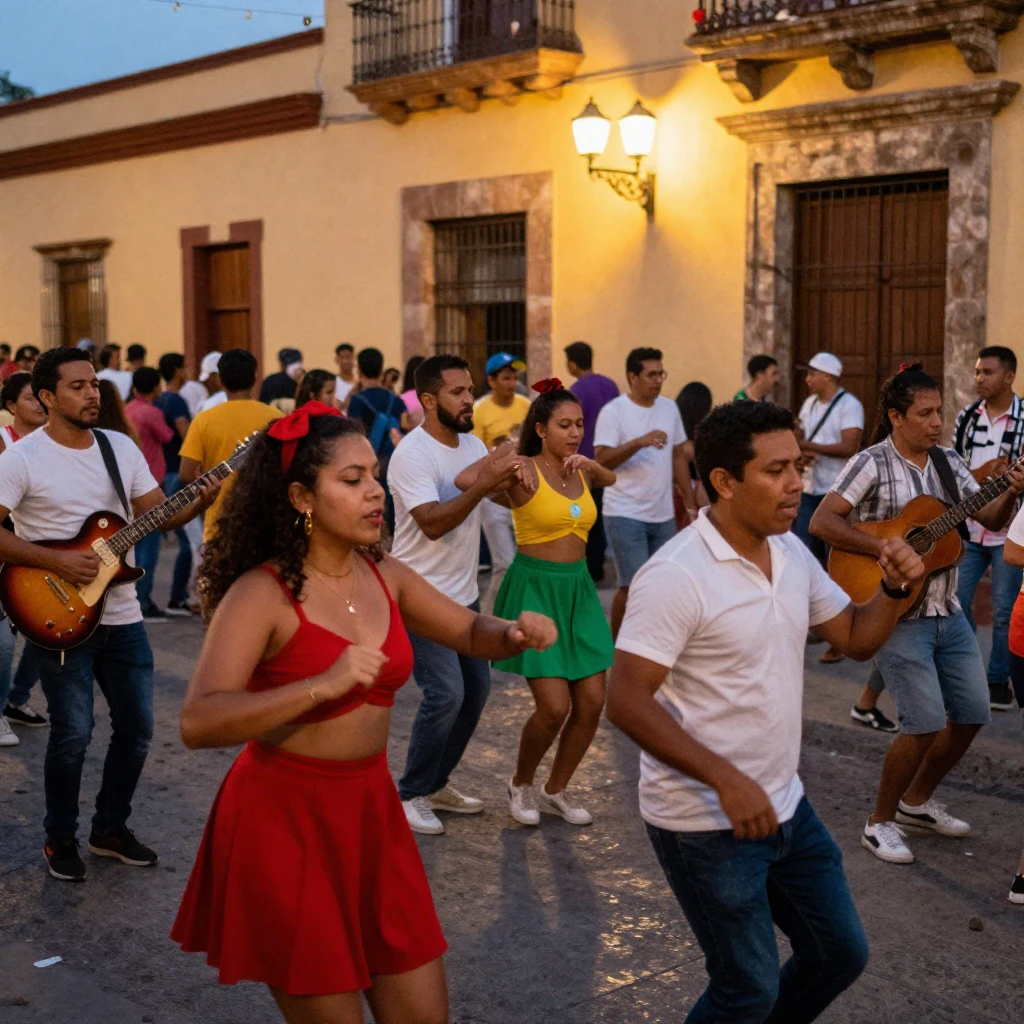 A vibrant Latin street scene, full of life and color. People...