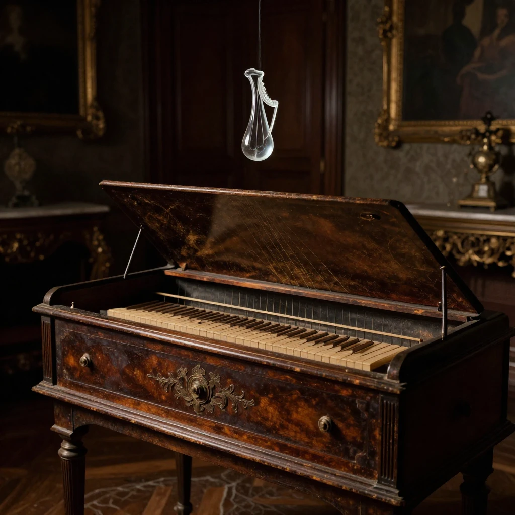 A worn, antique clavichord in a dimly lit, opulent 19th-cent...