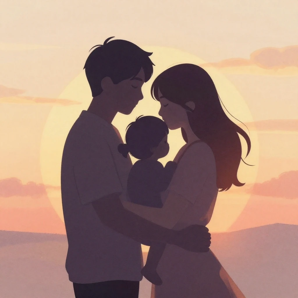 A silhouette of parents hugging their adult daughter against...