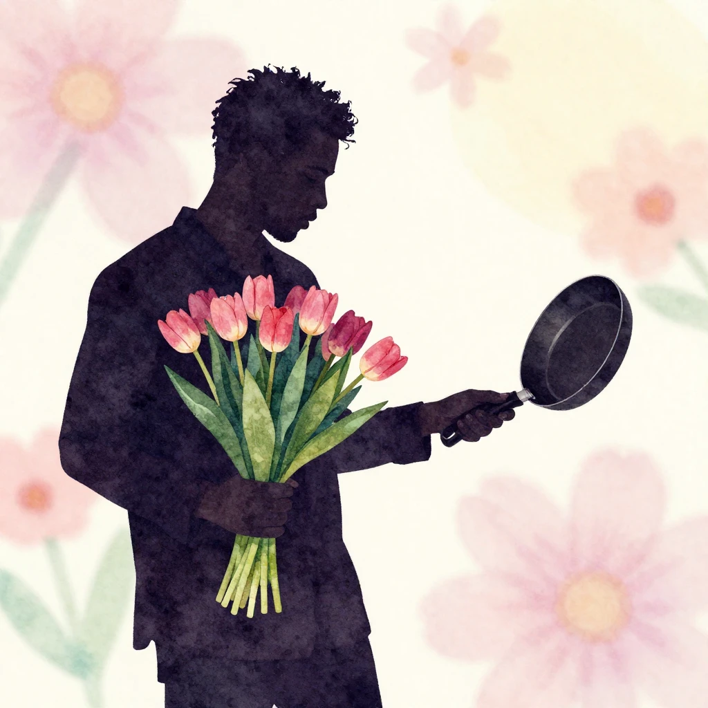 A silhouette of a man awkwardly holding a bouquet of tulips ...