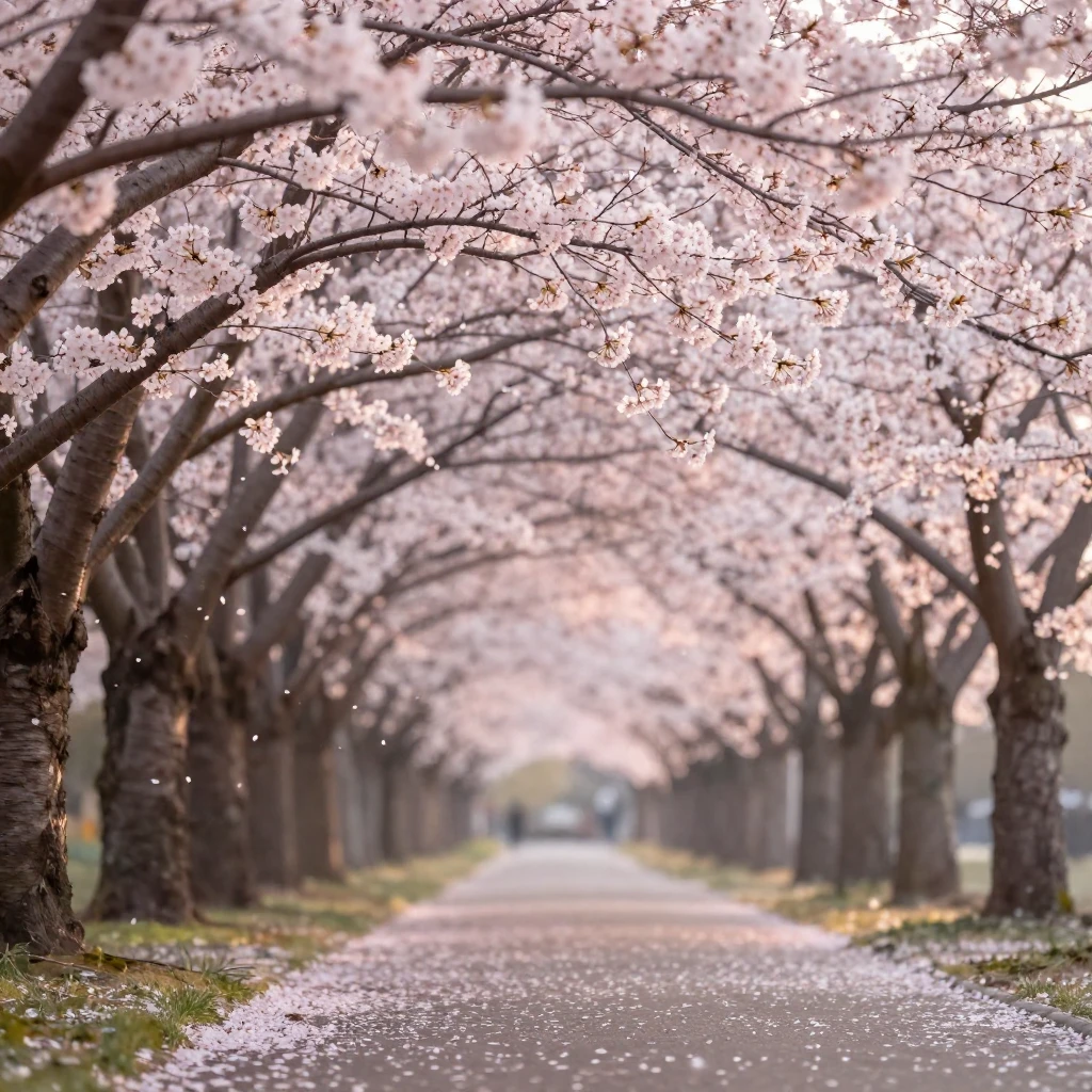 A path lined with cherry blossom trees in full bloom, with d...