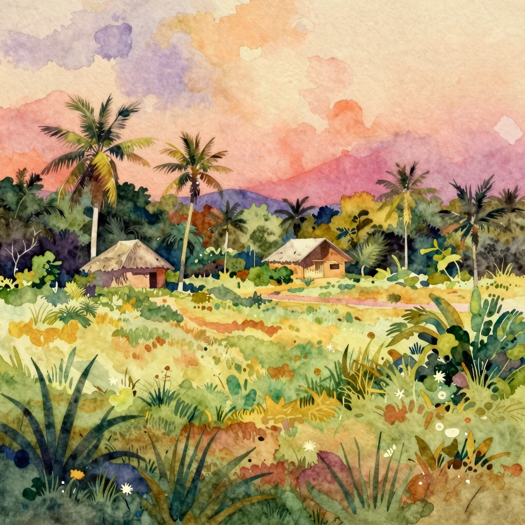 Vibrant watercolor style. Surreal landscape with hints of so...