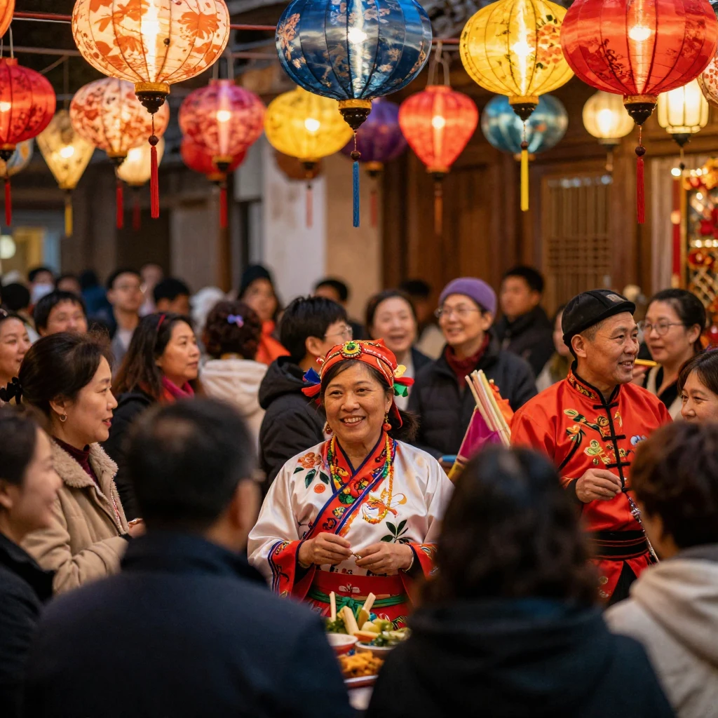 A vibrant scene depicting an Asian cultural celebration, wit...