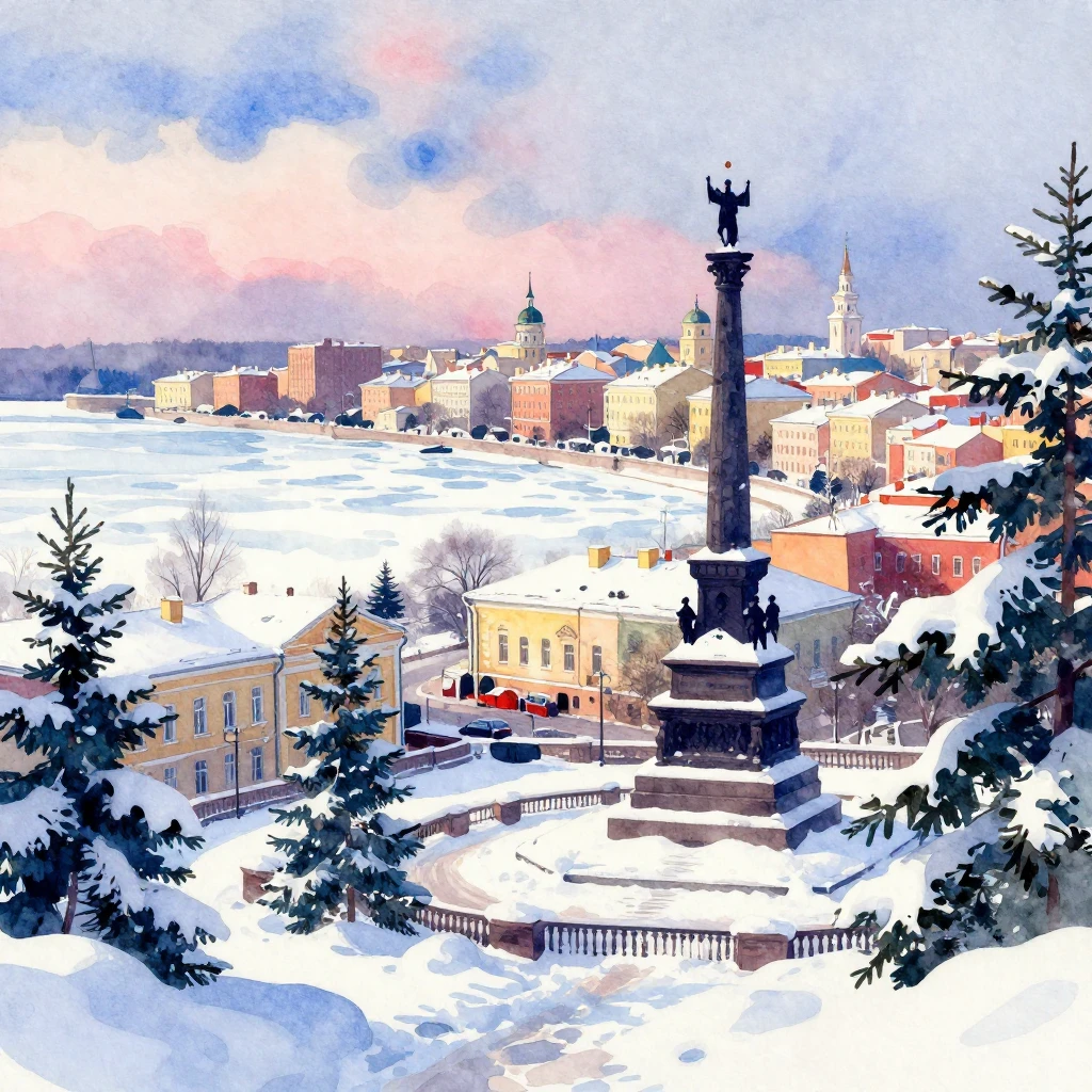 Vibrant watercolor style. Winter cityscape of Taganrog, cove...