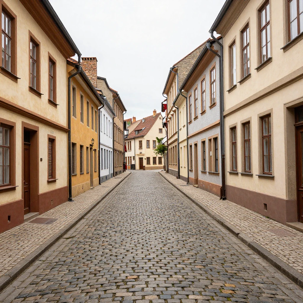 A picturesque view of a historic, narrow cobblestone street ...
