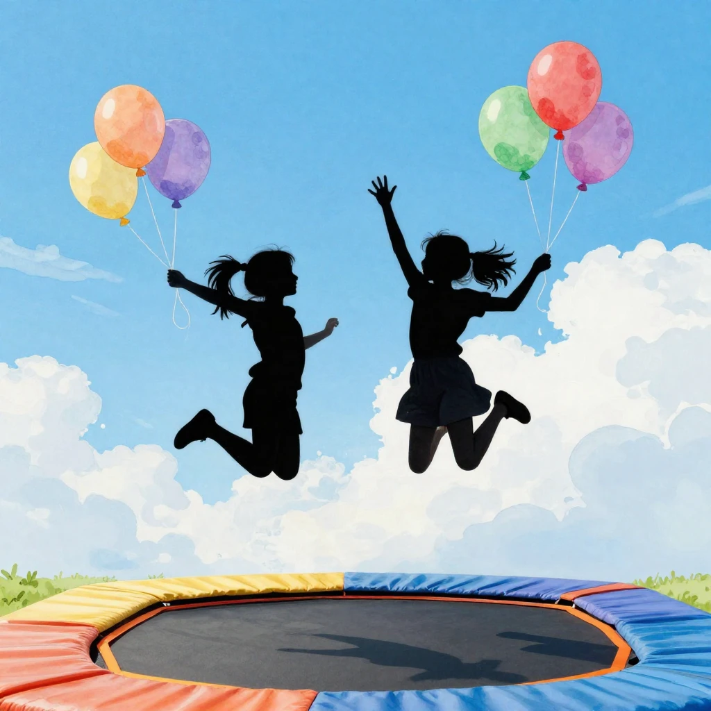 Two young girls, depicted as silhouettes, joyfully jumping h...