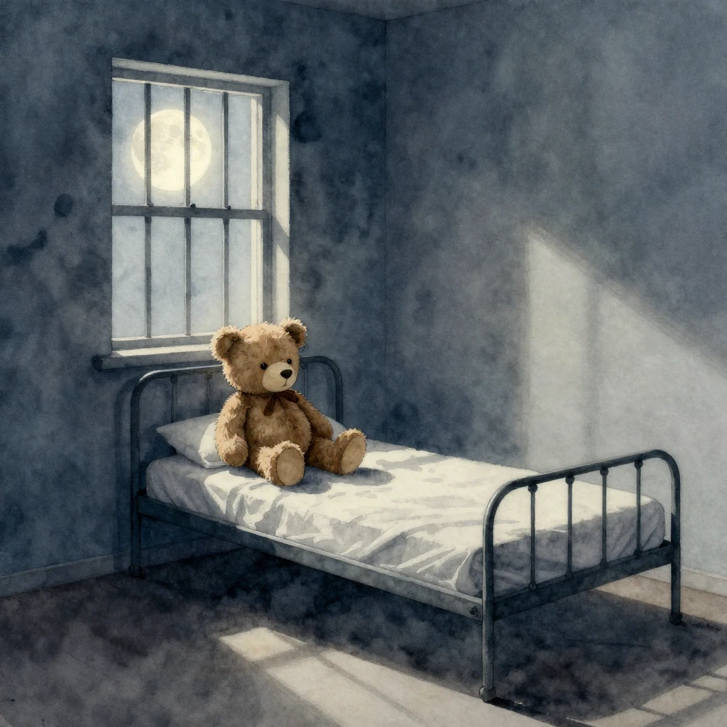 A lonely teddy bear sitting on an empty metal bed in a dark ...