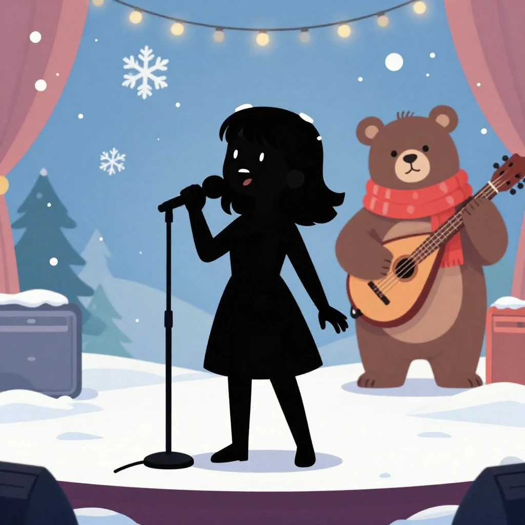 A funny cartoon scene on a snowy stage, a silhouette of a gi...