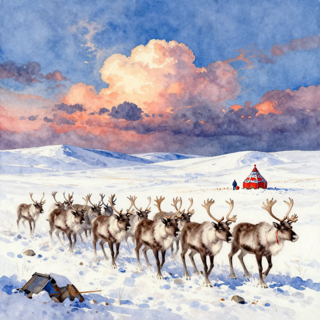Vibrant watercolor painting of Nenets people herding reindee...