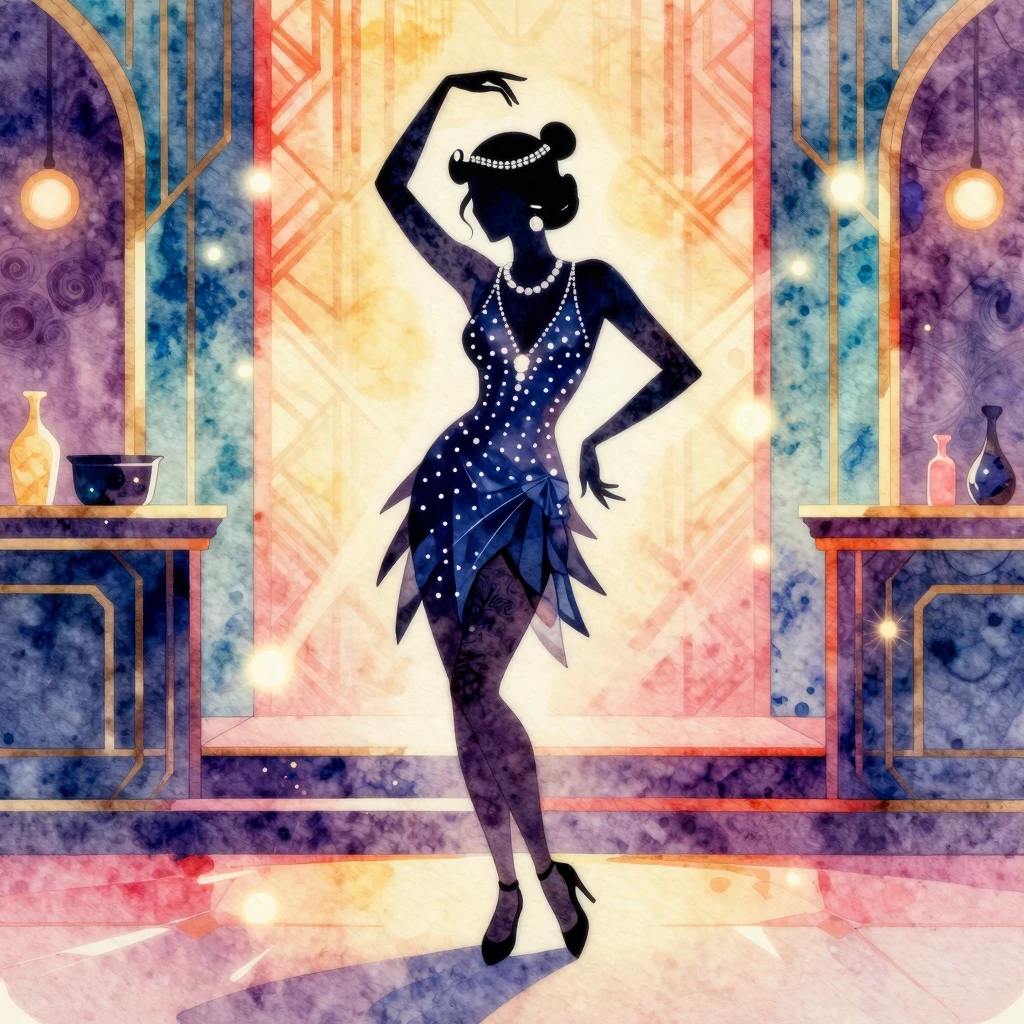 Vibrant watercolor illustration of a flapper silhouette danc...