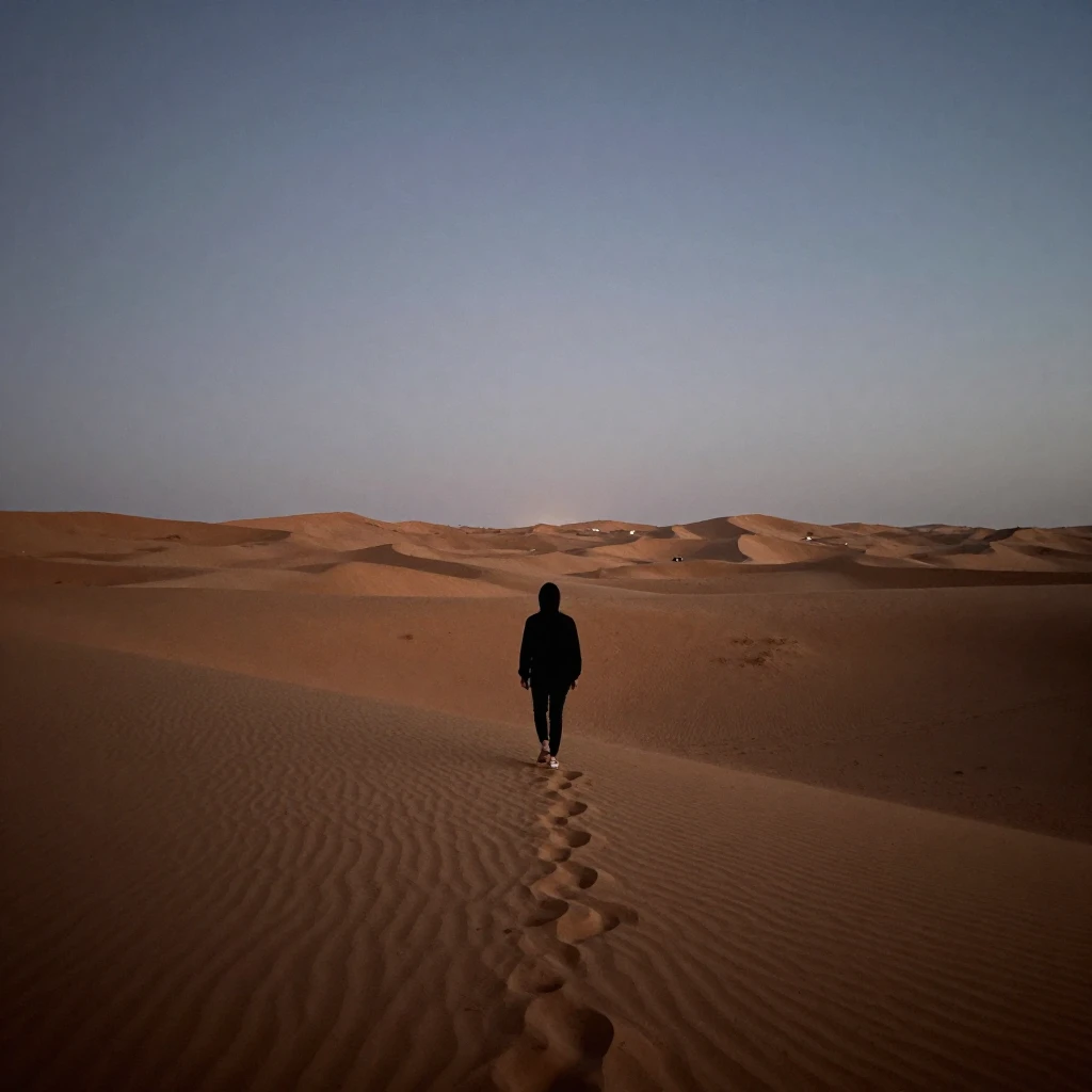 A lone silhouette of a wanderer traversing a vast desert at ...