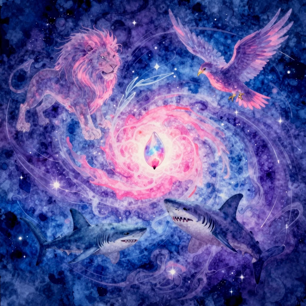 Vibrant watercolor style. Mystical creatures art: A swirling...