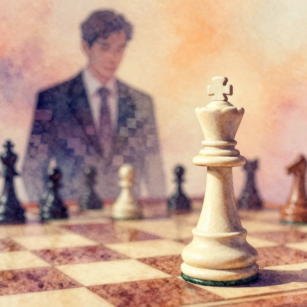 A melancholic and surreal chess scene rendered in vibrant wa...
