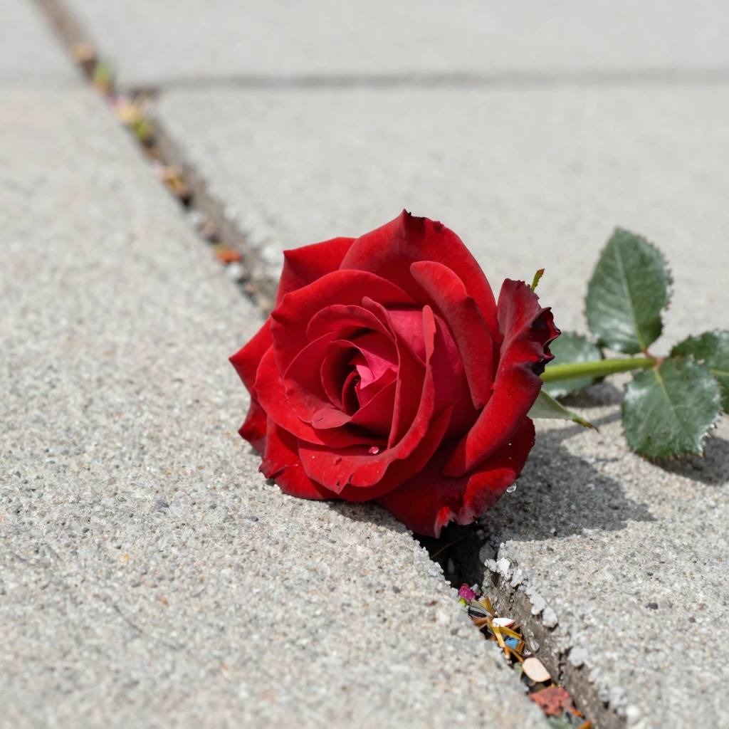 A watercolor painting of a single red rose pushing through a...