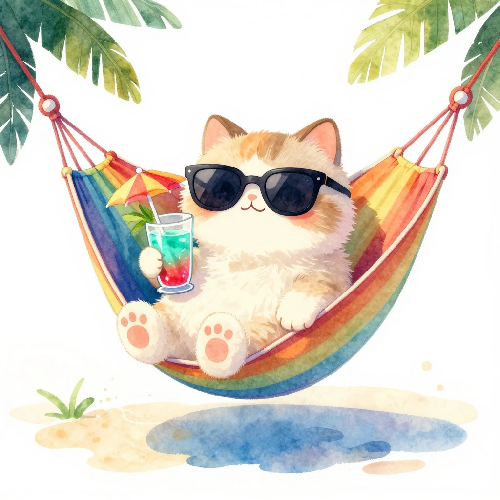 A bright watercolor illustration of a fluffy cat holding a t...