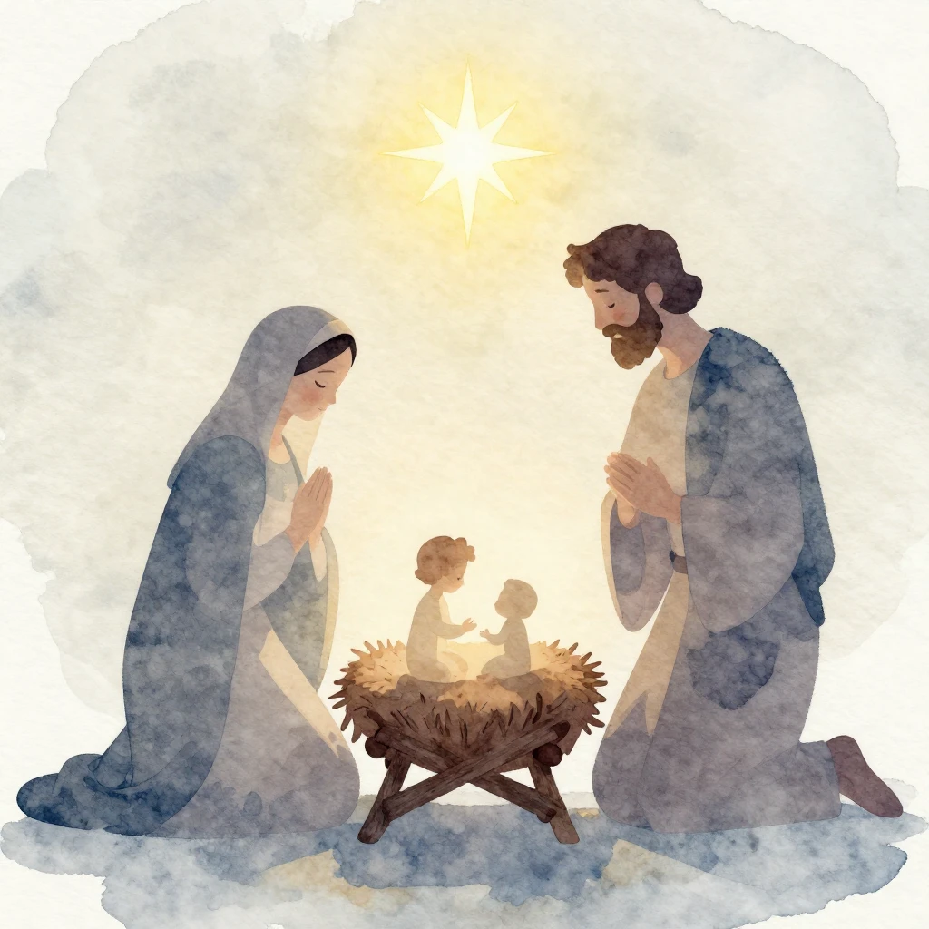 A serene, minimalist watercolor illustration of the Nativity...