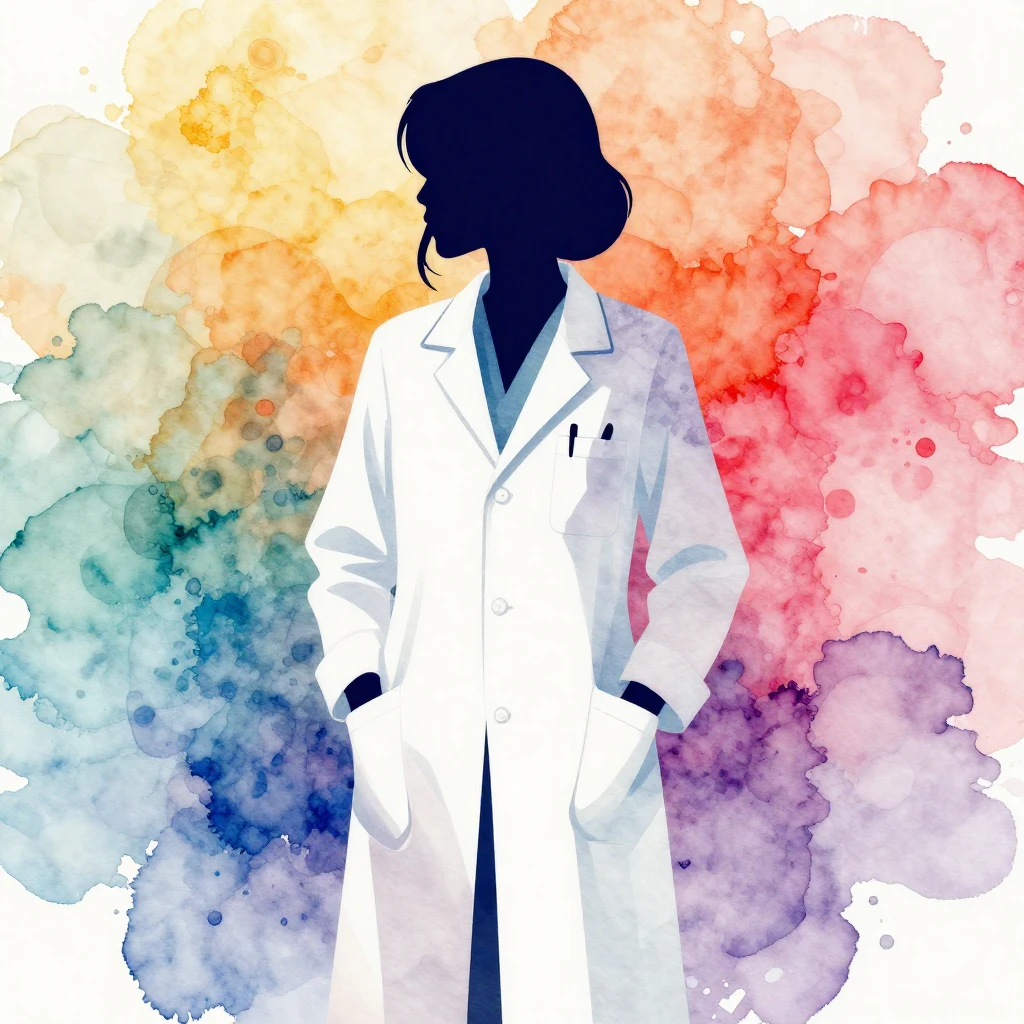 A vibrant watercolor-style stylized silhouette of a woman we...