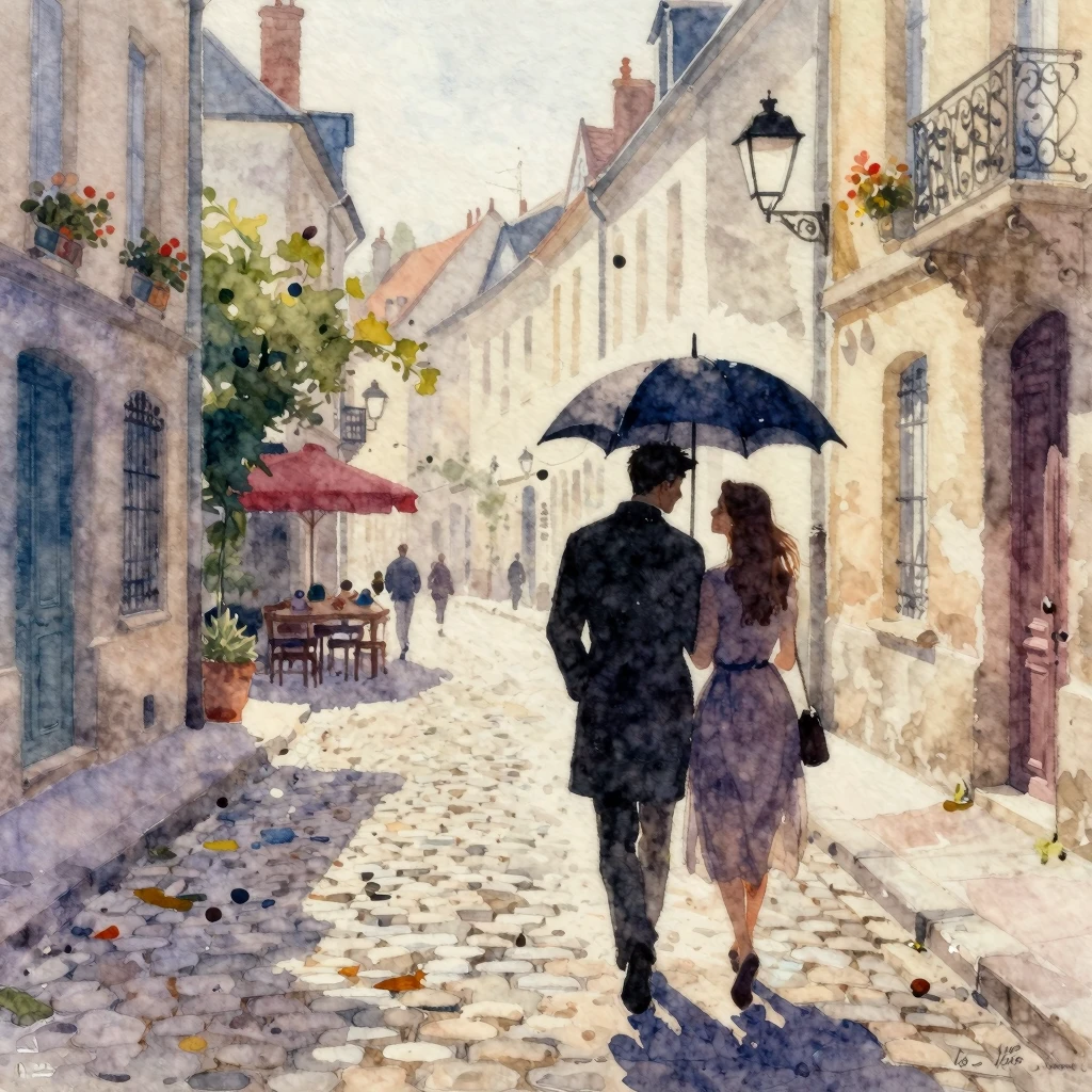 Vibrant watercolor painting of a vintage French street scene...