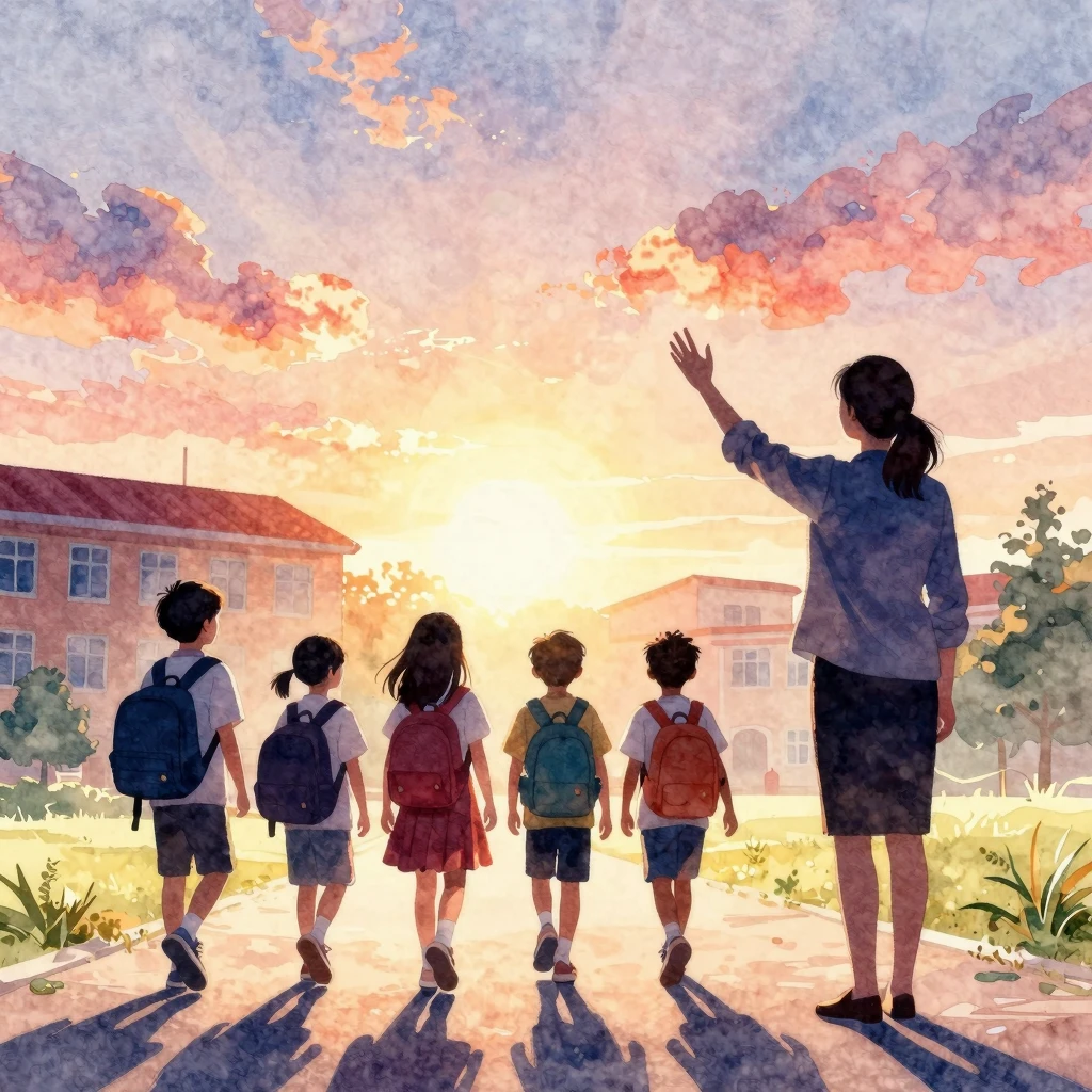 Vibrant watercolor style. A silhouette of a teacher waving g...