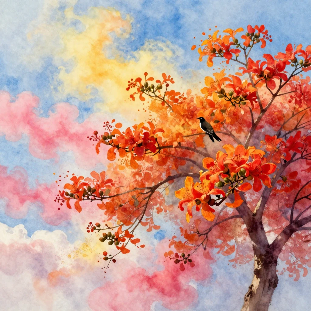 A vibrant and ethereal watercolor painting depicting a bloom...