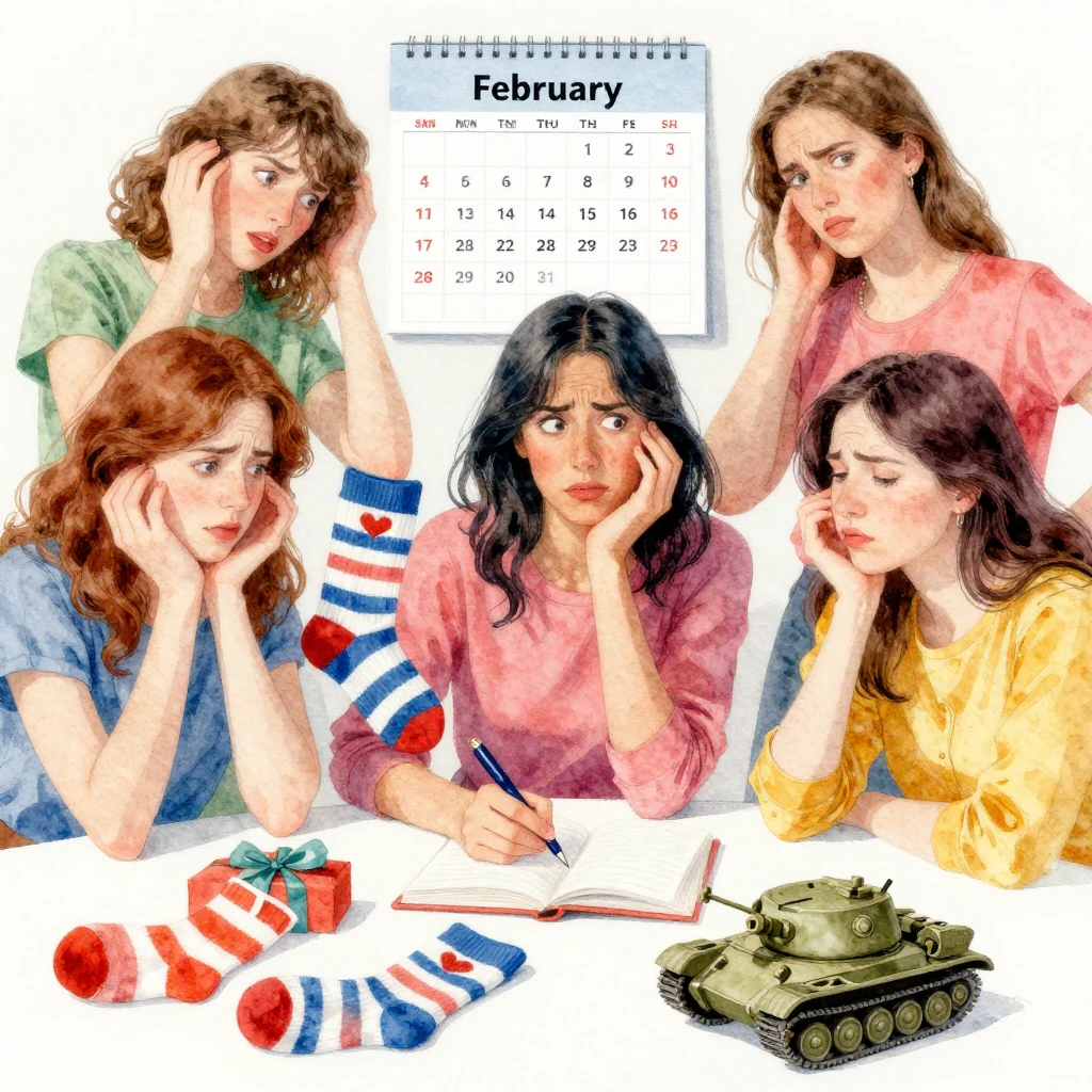 A group of women with playful exasperation, surrounded by va...