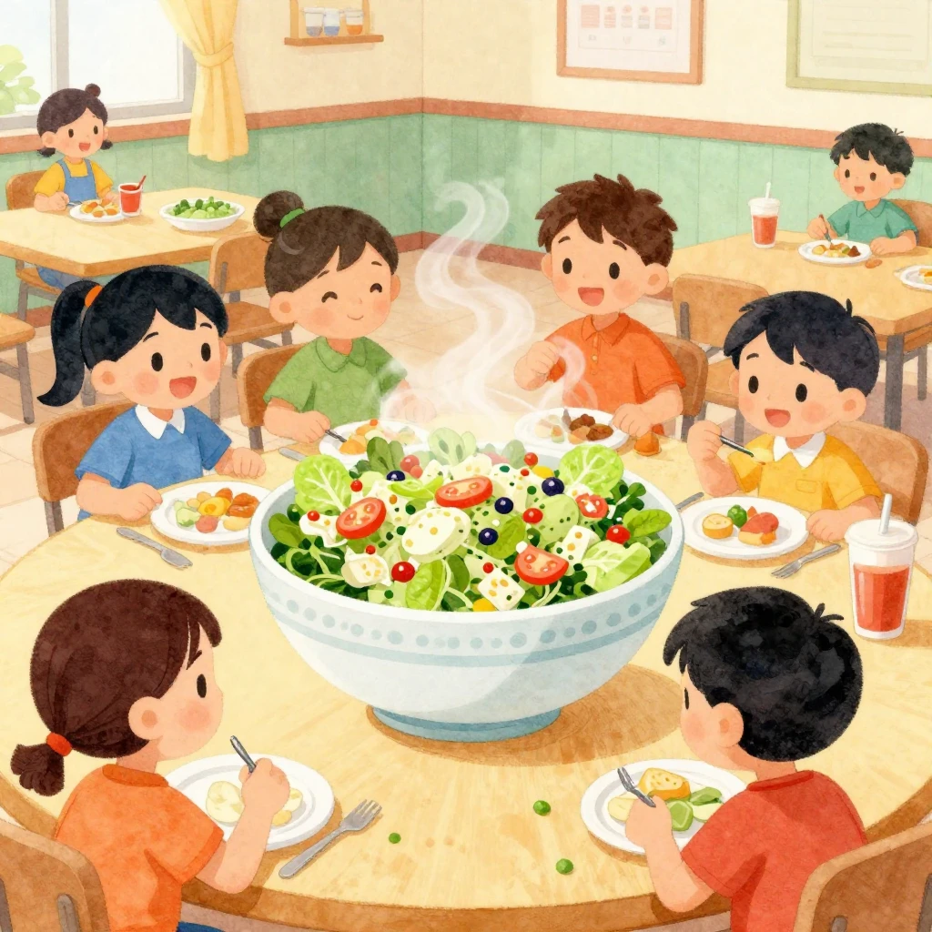 A vibrant, cartoonish school cafeteria scene in watercolor s...