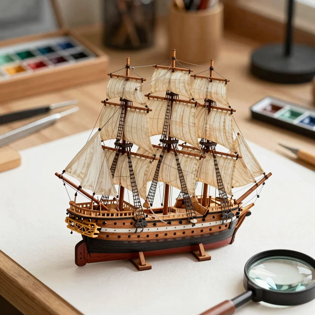Watercolor style. A highly detailed wooden model of a classi...