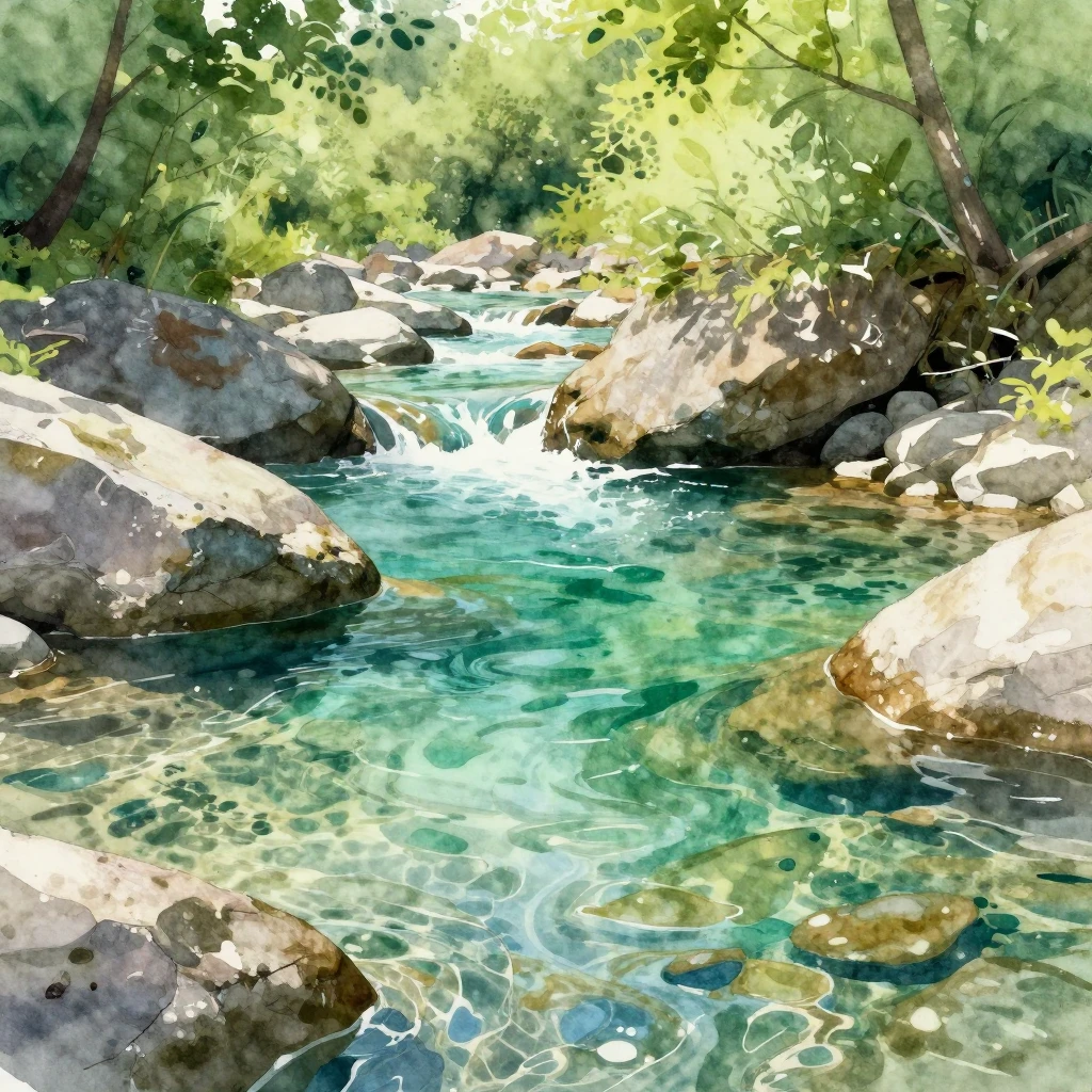 A vibrant watercolor illustration of a crystal-clear emerald...