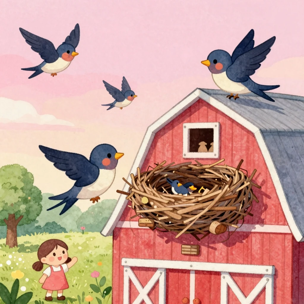 Vibrant watercolor style. Cute cartoon swallows building a n...