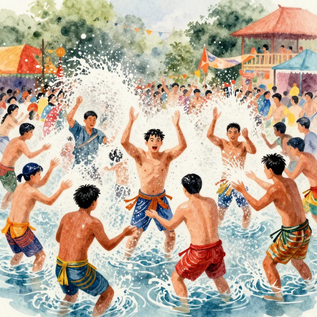 A dynamic watercolor painting of a festive water festival. M...