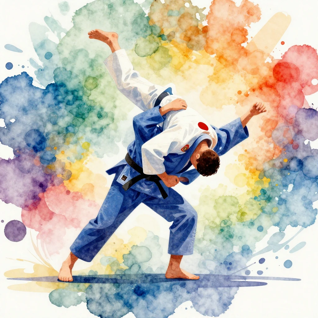 Vibrant watercolor illustration of a judo throw in action. T...