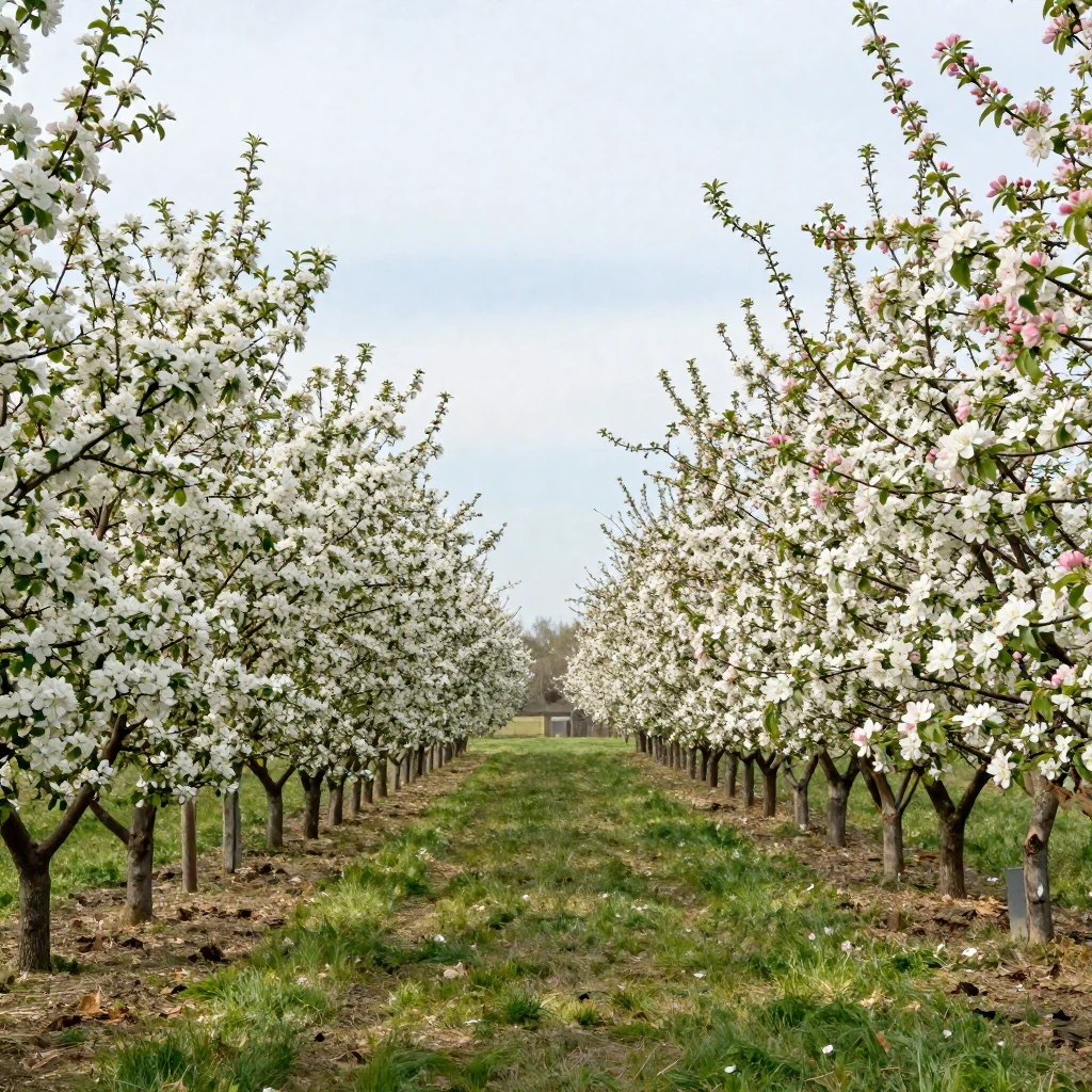 A beautiful, blooming orchard with rows of fruit trees cover...