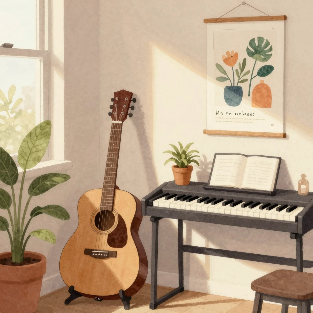 A cozy, sunlit room with a wooden guitar leaning against a w...