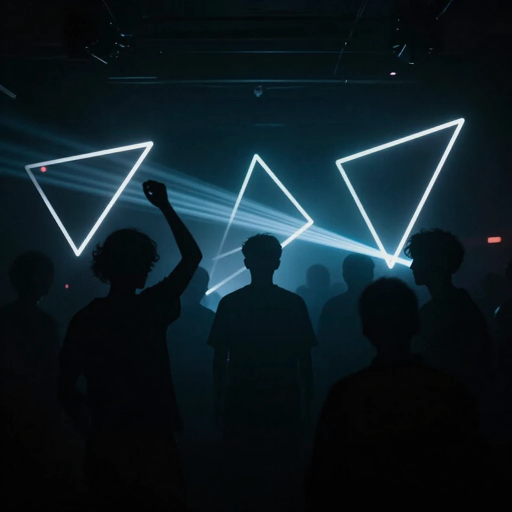 A dark techno club scene with abstract neon silhouettes danc...